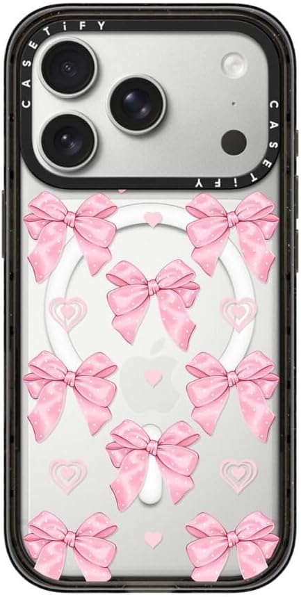 CASETiFY Impact iPhone 17 Pro Case [Slim/Compatible with Magsafe / 8.2 ft. 4X Military Grade Drop Protection] - Pink Bows - Clear Black