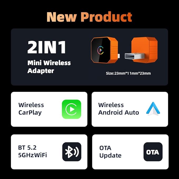 2026 2-in-1 Wireless CarPlay & Android Auto Adapter, Mini USB Dongle, Bluetooth 5.2, 5GHz WiFi, OTA Update, for Factory Wired CarPlay Vehicles