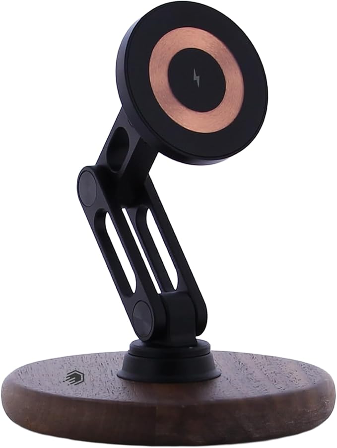 ClikDock Cell Phone Magnetic Wireless Charger Stand, 360° Spin, Aluminum Construction, Compatible with MagSafe Phones for iPhone & Andriod (Walnut Wood)
