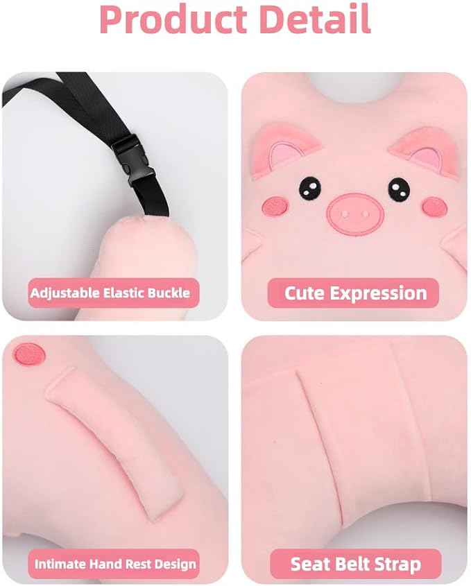 Car Pillow for Travel – Animal-Themed Car Seat Cushion with Safety Belt Protector – 4 Cute Styles: Pig, Dog, Rabbit, Panda (Dog)