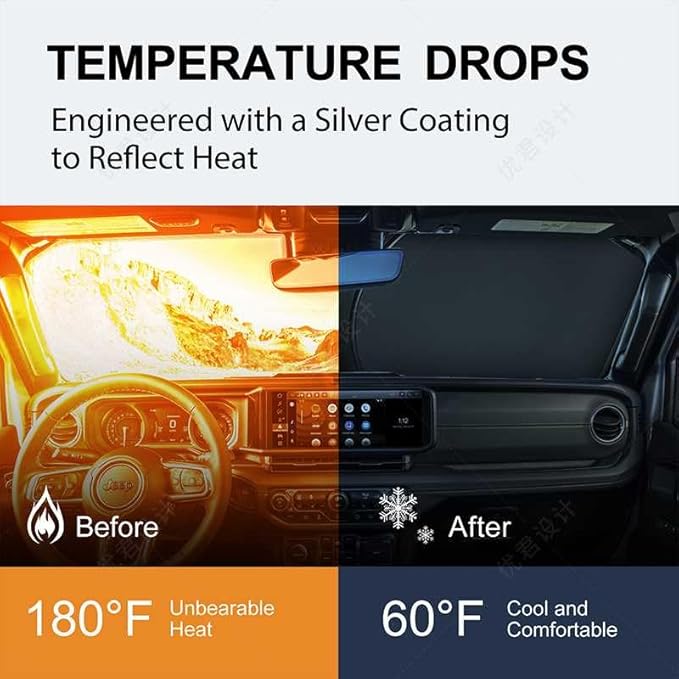 for 2018-2026 Jeep Wrangler - Premium Sunshade for Wrangler JL JLU & 2020-2026 Jeep Gladiator, Front Windshield Sun Shade Blocks UV Rays Foldable Visor with Storage Pouch