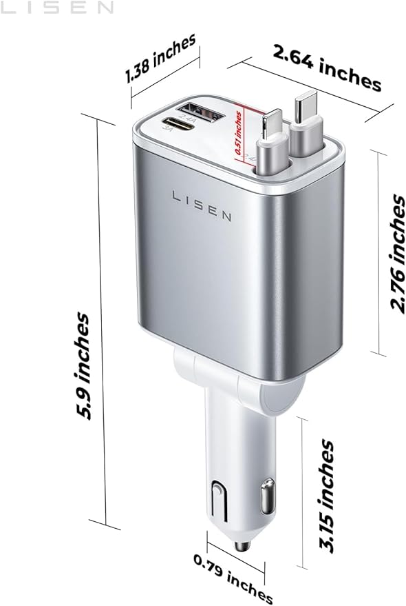 LISEN Retractable Car Charger for iPhone, for iPhone 17 Pro Max 16 15 14 13 12 Plus Mini, Cute 4 in 1 Retractable USB C Car Charger Fast Chareg for Women Men, 84W Fast Charging Car Accessorie