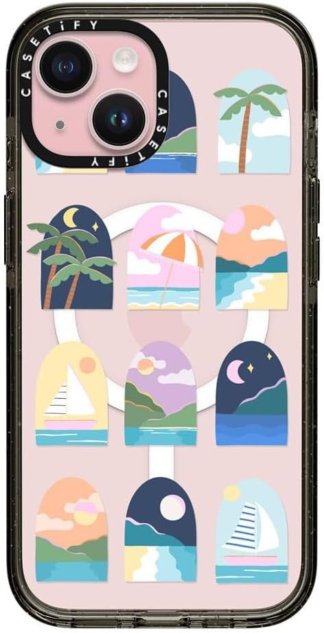 CASETiFY Impact iPhone 15 Case [Slim/Compatible with Magsafe / 8.2 ft. 4X Military Grade Drop Protection] - Beachy Vacay BY Brook GOSSEN - Clear Black