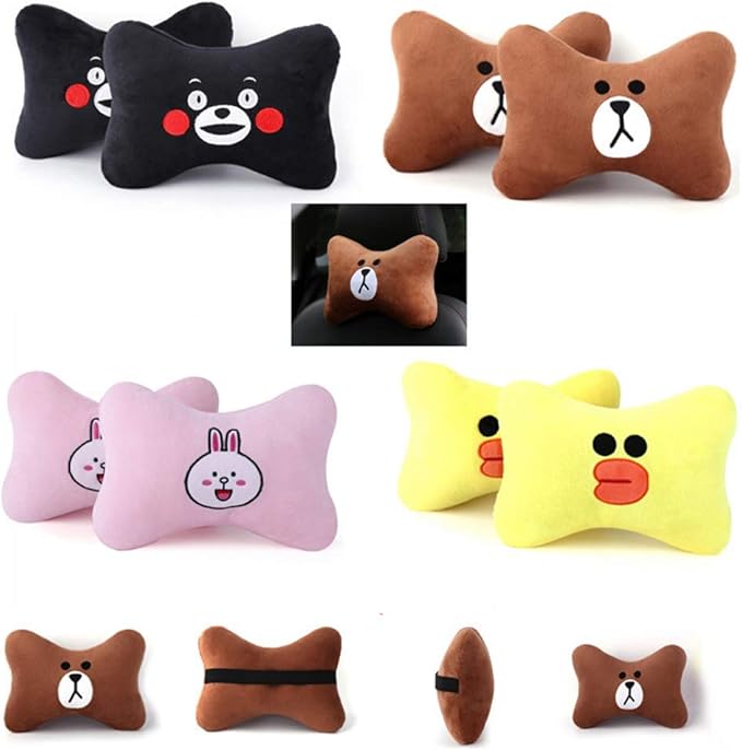CHERISH Car Neck Pillow - 2 Pack Cute Bear Headrest Support Cushion, Soft & Comfortable Car Seat Accessory, Universal Travel Headrest for Car & Home Use (Brown)