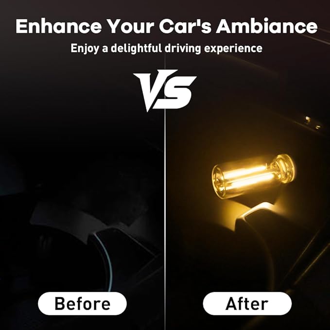 2Pcs Car USB Night Light, Touch Adjustment LED Ambient Lighting Plug in USB Automotive Night Lamps, Mini LED Bulb for Car, Camping, Holiday, Decoration, Bedroom, Party(Yellow)