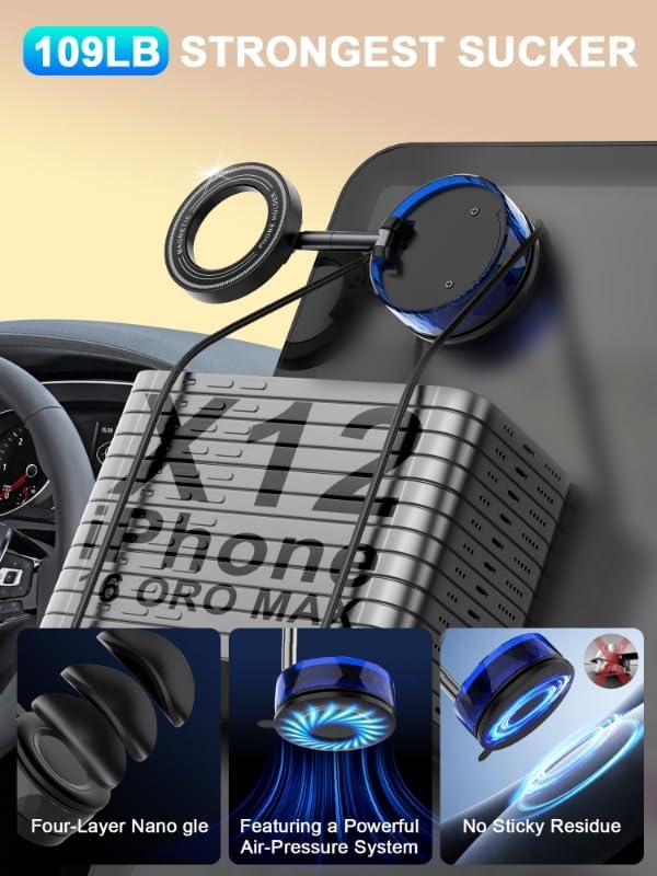 Magnetic Suction Phone Holder for Magsafe, iPhone Portable Magnet Mount Holders, Suction/360° Rotary/N55 Magnets Car Phone Mount, Used in Smooth Flat Surface like Panel, Windshield Table Wall Mirror