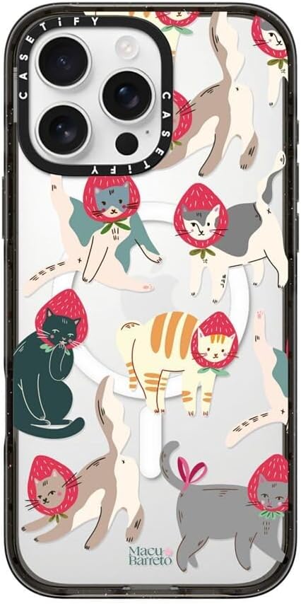 CASETiFY Impact Case for iPhone 16 Pro Max [8.2ft 4X Military Grade Drop Protection/Compatible with Magsafe] - Strawberry Cats - Clear Black