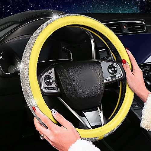 Bling Diamond Steering Wheel Cover, Leather Steering Wheel Covers for Women Girls with Crystal Rhinestones, Breathable, Anti-Slip Universal Fit 14.5-15 Inch Bling Car Accessories(Yellow)