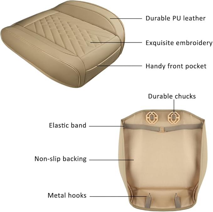 GIANT PANDA 1pack Front Car Seat Cover Bottom Seat Cover, PU Leather Driver Car Seat Protector Fits 95% of Vehicles, Wrapping Around The Bottom (Beige)