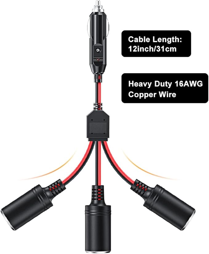 ELECTOP 1 to 3 Car Cigarette Lighter Socket Splitter Adapter Power Charger Port, 12V 24V Car Power Splitter 3-Way Plug Outlet Adapter, 12inch Cigarette Lighter Extension Cord Cable 16AWG with 15A Fuse