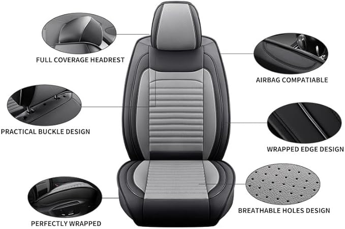 Car Seat Covers Full Set Fit for Toyota Matrix 2003-2014, Premium Faux Leather Car Seat Protector,Breathable Anti-Slip Full Wrapping Edge Seat Covers(Black&Gray,Full Set)