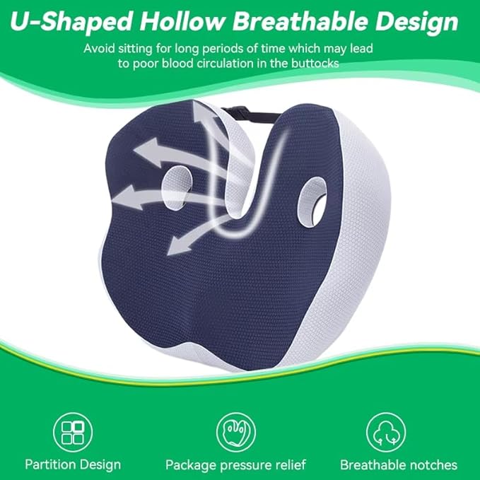 Seat Cushion for Office Chair – Orthopedic Memory Foam Coccyx Support, Sciatica Relief, Back Comfort, Posture Alignment, Massage Pressure Ease for Home, Car, Work – Grey