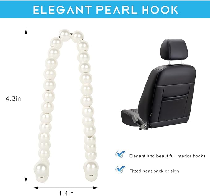 2PCS Car Seat Headrest Hook, Elegant Pearl Auto Back Seat Hanger Cute Purse Storage Organizer, High Load-Bearing Headrest Hook Exquisite Chic Holder for Handbags Coats Keys