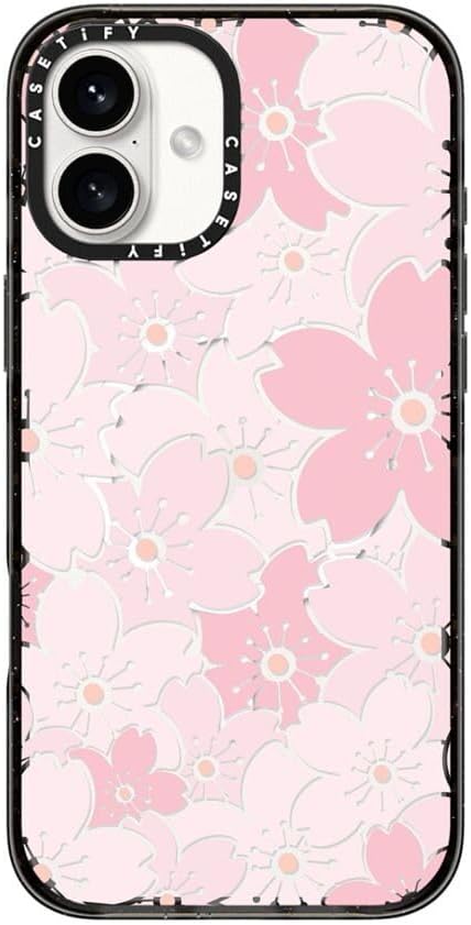 CASETiFY Impact Case for iPhone 16 Plus [8.2ft 4X Military Grade Drop Protection/Compatible with Magsafe] - Pink Sakura Bloom - Clear Black