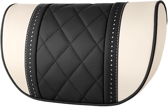Car seat headrest Leather Car Fit for Seat Rest Cushion Headrest Car Neck Pillow Fit for BMW (Color : Beige Black)