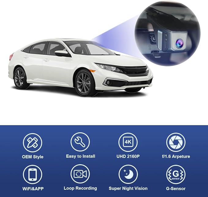 Fitcamx 4K Dash Cam Suitable for Honda 2011-2024 Vehicle Models (Rectangle Dome Light), OEM Factory Style, 2160P UHD Video, Built-in WiFi & APP, Loop Recording, G-Sensor, Easy to Install, 64GB Card