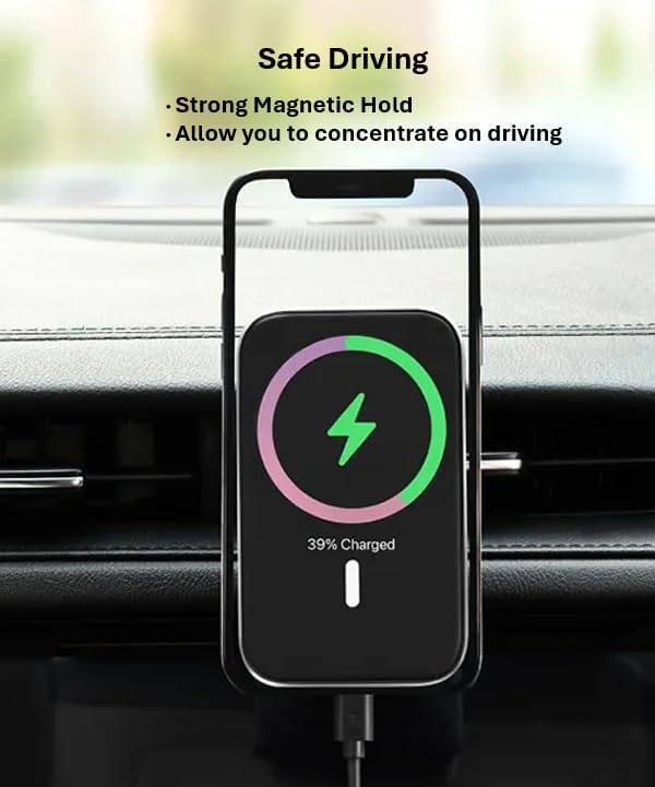 M&S Home 15w Wireless Fast Car Charger Compatible with MagSafe Devices for iPhone 12/13/14/15/SE/XS/XR/X/8/Plus, Car Phone Holder, Qi-Compatible, Air Vent Mount, 360°Rotation, USB C Cable Included