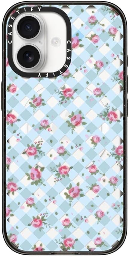CASETiFY Impact iPhone 17 Case [Slim/Compatible with Magsafe / 8.2 ft. 4X Military Grade Drop Protection] - Floral Gingham - Blue - Clear Black