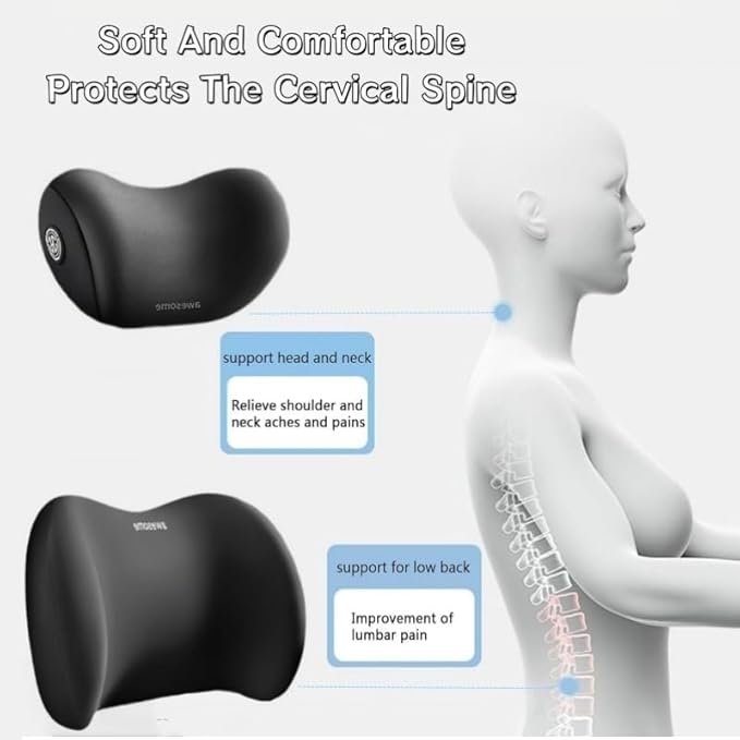 Car Headrest & Lumbar Support Cushion Kit, Ergonomic Car Seat Neck Pillow and Backseat Cushion for Driving Fatigue Relief, Driving Seat Memory Foam Neck Back Rest Pillows (Black)