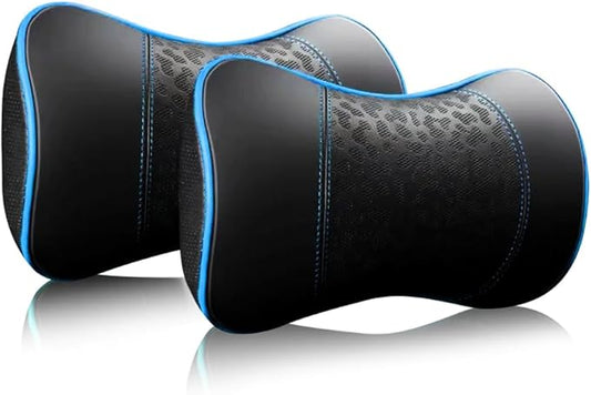 Car Leather Neck Pillows, Neck Rest Cushions,100% Memory Foam Cervical Support, Comfortable Travel car Seats and Home Office Soft Pillows, Blue a Set (2 pcs