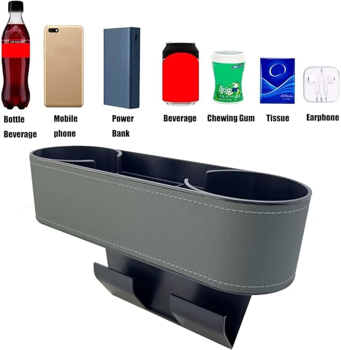 Cup Holder for Car Seat Gap Organizer, Multifunctional Cup Drink Holders with PU Leather Cover,Side Insert Center Console Gap Filler Storage Box for Mug Bottle CellPhones Keys Coffee Coasters grey2