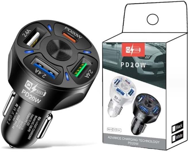 4 Port USB Fast Charging Cigarette Light Car Charger 3 * 2.4 A USB/ 1 PD20W LED Light Compatible with Tablets Cameras iPhone 14 13 12 11 Pro Max X XR XS Samsung Galaxy Series Google Pixel Android/iOS