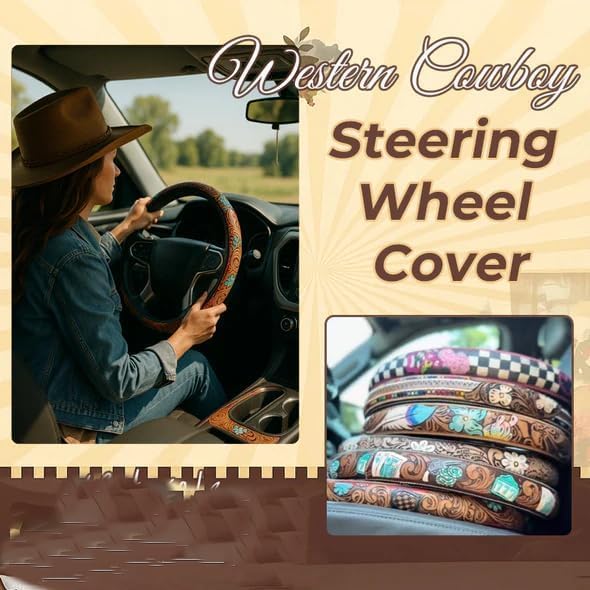 Western Steering Wheel Cover, Color Printed Embossed Hand-Painted Leather Western car Parts, for Women Man, Anti-Slip Design Easy to Install, for Trucks SUVs Cars (Style 2)
