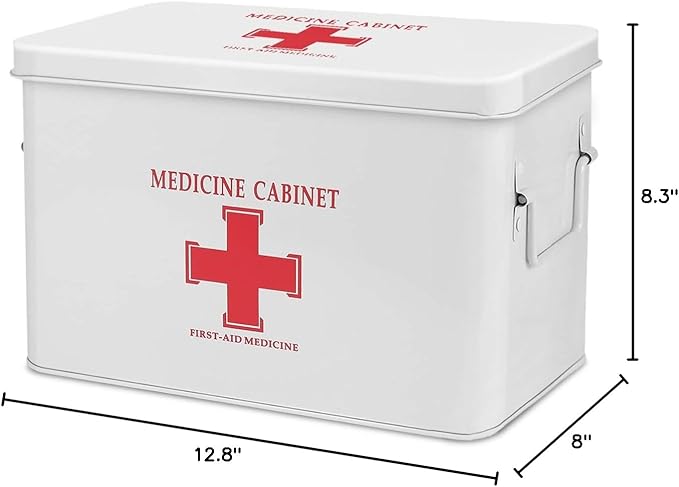 Flexzion First Aid Box Organizer Empty 13" White Vintage First Aid Kit Tin Metal Medical Box - First Aid Storage Box Container Bins with Dividers, Removable Tray and Red Cross Logo