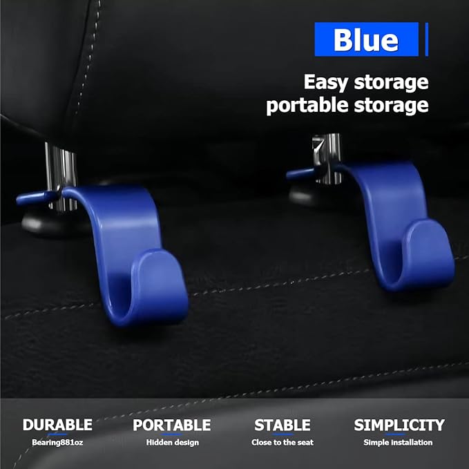 Moly Magnolia Car Seat Headrest Hook, 4PCS Multifunctional Auto Backseat Hangers, Vehicle Storage Organizer for Purse, Coat, Umbrella, Grocery, Bag, Handbag (Blue)