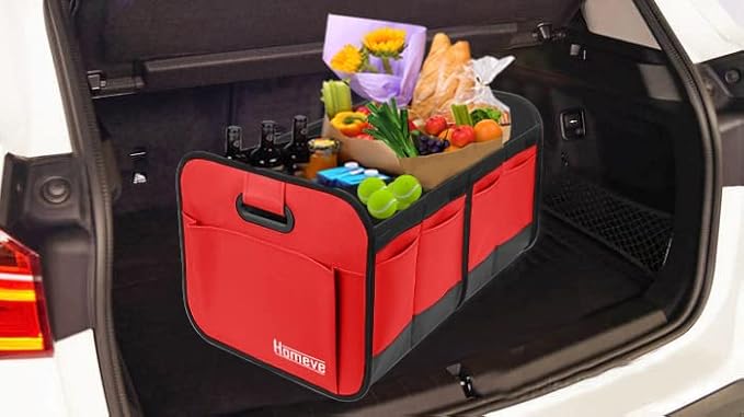 Homeve Trunk Organizer, Car Storage, Reinforced Handles, Collapsible Multi-Compartment, Foldable, Waterproof, Sturdy, 600D Oxford Polyester For Car, SUV, Mini-Van, Red, 2 Compart | Collapsible, Reinforced Handles, Foldable, Waterproof, Suitable for Any...