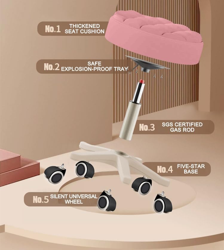 Small Chair Round Rolling Stool with Wheels PU Leather Height Adjustable Swivel Drafting Work SPA Salon Stools Home Office Chair,2 Pack