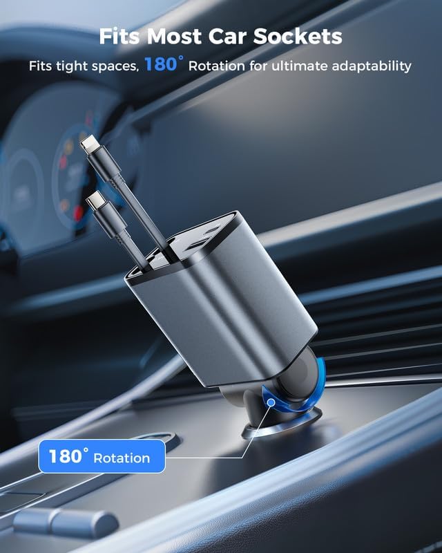 SUPERONE Smaller 69W Retractable Car Charger 4 in 1 Fast Car Phone Charger Adapter with Retractable Type C & L Cords, USB C Car Chargers for iPhone 17 16 15 14 13 12 Galaxy Pixel