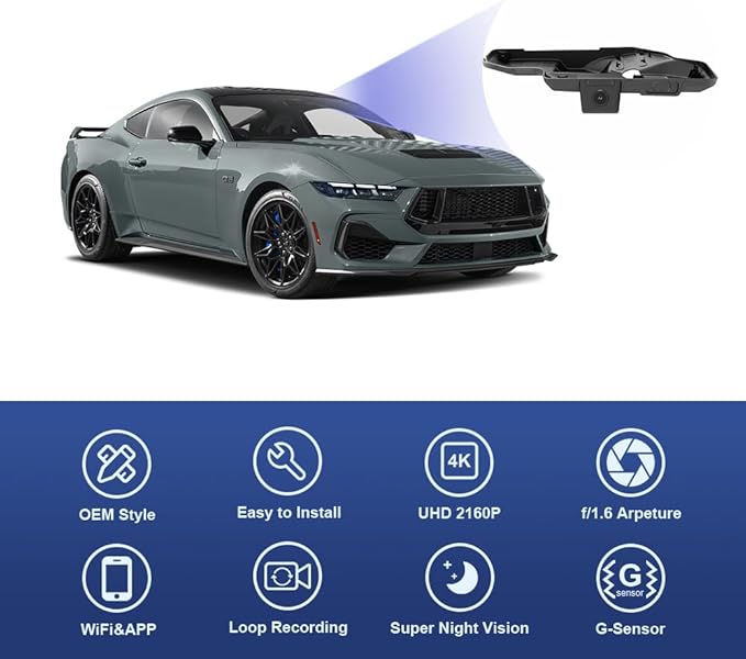 Fitcamx 4K Dash Cam Compatible with Ford Mustang 2024 2025 Ecoboost GT Premium Dark Horse, Integrated OEM Look, UHD 2160P Video, Loop Recording, Built-in WiFi & APP, G-Sensor, Plug & Play, 64GB Card
