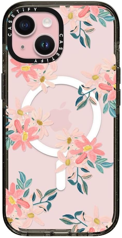 CASETiFY Impact iPhone 15 Case [Slim/Compatible with Magsafe / 8.2 ft. 4X Military Grade Drop Protection] - Pink Daisies - Clear Black