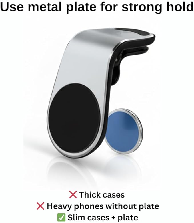 Magnetic Car Phone Holder for Vent Mounts – Slim Case Compatible, Includes Metal Plate – Strong Magnetic Grip for Most Smartphones, Adjustable & Easy Installation