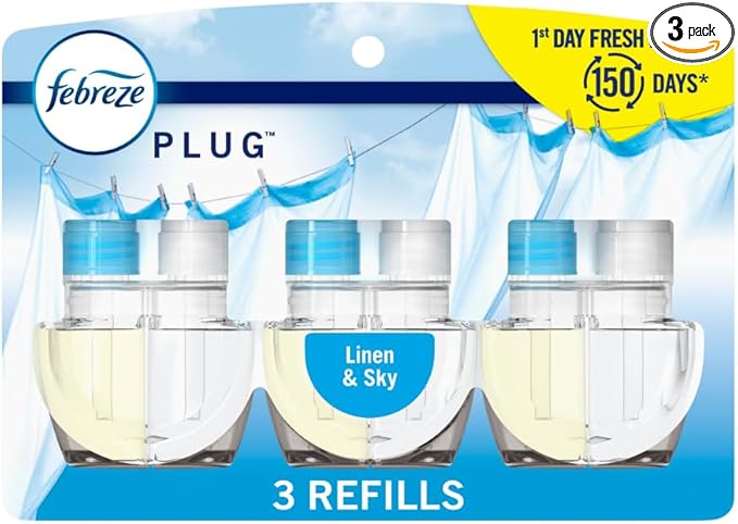 Febreze Plug-In Air Freshener, Odor-Fighting Scented Oil Refill, Air Fresheners for Home and Bathroom and Kitchen, Long Lasting for Strong Odors, Linen & Sky Scent, 0.87oz Refills, 3 Count (Pack of 1)