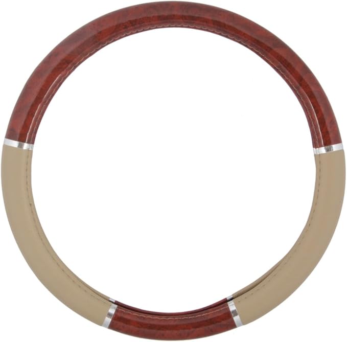 BDK Dark Wood Grain Car Steering Wheel Cover, Standard 15 inch with Beige Faux Leather Grip, Made to Fit Most Auto Truck Van SUV