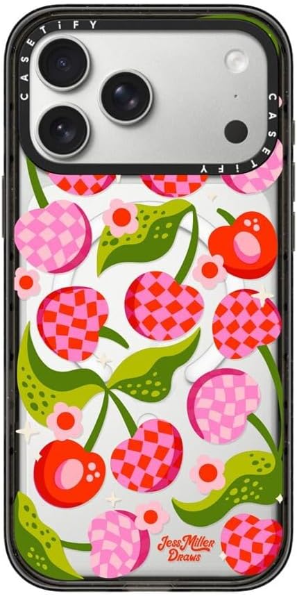 CASETiFY Impact iPhone 17 Pro Max Case [Slim/Compatible with Magsafe / 8.2 ft. 4X Military Grade Drop Protection] - Checkered Cherries - Clear Black