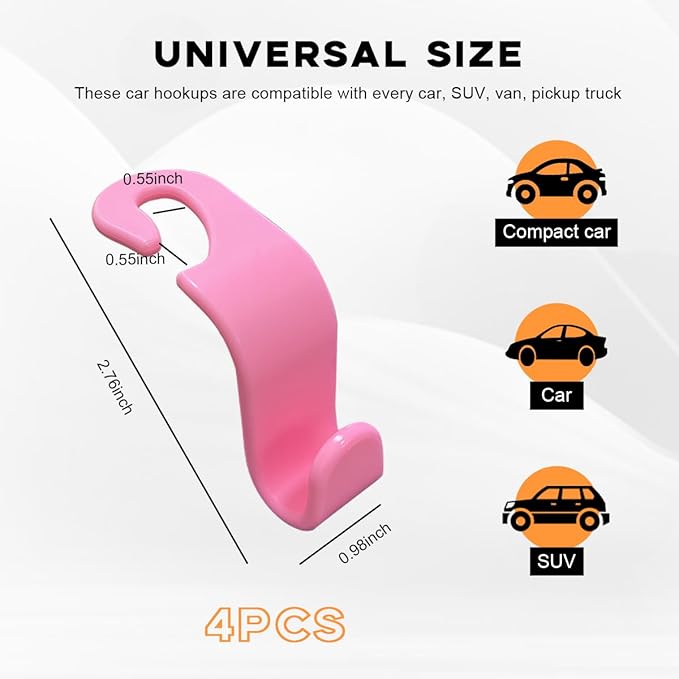 4PCS Car Seat Headrest Hook, Auto Back Seat Hanging Storage Organizer, Vehicle Seatback Hanger Holder for Purse Handbag Coat Umbrella, Universal Interior Car Accessories (Dark Pink)