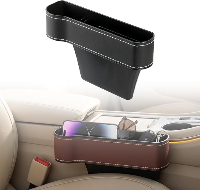 Car Seat Gap Filler Organizer, 2026 New Premium Leather Console Organizer for Holding Phone, Sunglasses, Auto Console Side Storage Box with Cup Holders 2 Seat Hooks for Drink (Black, Driver's Seat)