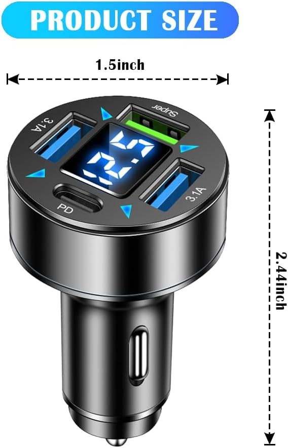 4-Port Fast Car Charger With Plug Outlet, LED Voltmeter, PD3.1, Super Port - Universal Cigarette Lighter USB Accessory Compatible With iPhone & Android (PD/Super)