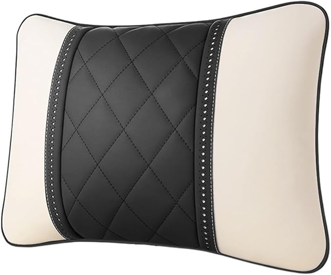 Car seat headrest Leather Car Fit for Seat Rest Cushion Headrest Car Neck Pillow Fit for BMW (Color : Beige black-01)