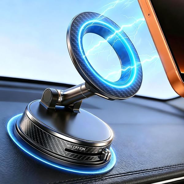 Black Magnetic Phone Holder for Car, Vacuum Suction & 3000gf Magnet, 360° Adjustable Dashboard Mount, Compatible with iPhone & Android