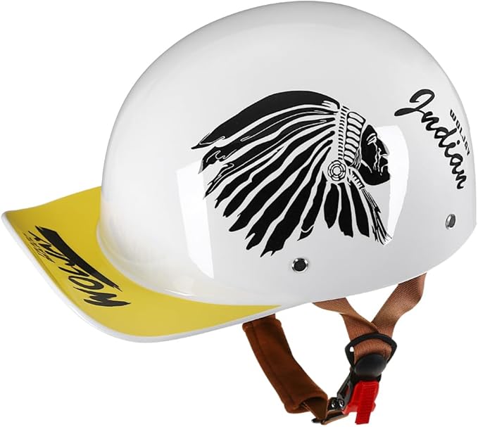 Vintage Retro Open Face Motorcycle Helmet Baseball Cap Half Helmets with pull-down Lens for Men Women Moped Cap Jet Scooter Street Cruiser - DOT Certified (Indian-White,XX-Large)