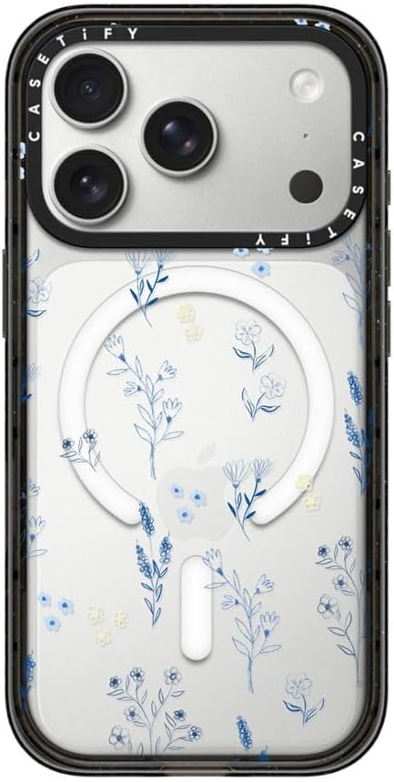 CASETiFY Impact iPhone 17 Pro Case [Slim/Compatible with Magsafe / 8.2 ft. 4X Military Grade Drop Protection] - Small Blue Flowers - Clear Black