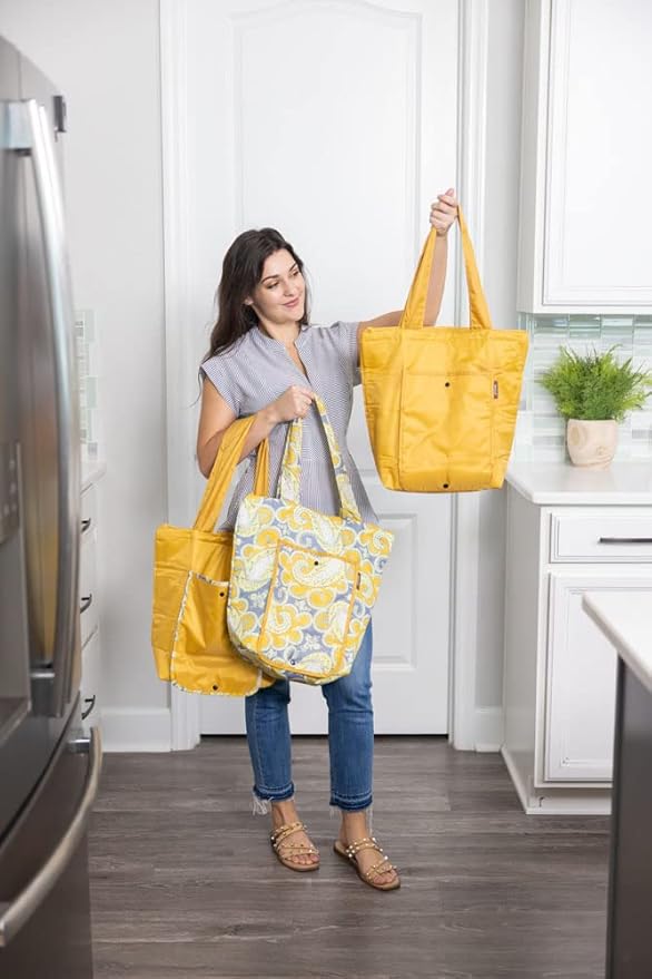 Sachi Insulated Market Tote Bags 3-Piece Reusable Lunch & Grocery Cooler Set with Zipper Foldable, Eco-Friendly Thermal Bags for Shopping, Travel & Picnics Grey Yellow Paisley