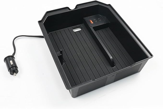 HANSSHOW Center Console Organizer for Juniper Armrest Storage Box with USB Charge Docking Station for Tesla Model 3 Highland & Model Y Juniper(2025.03+)