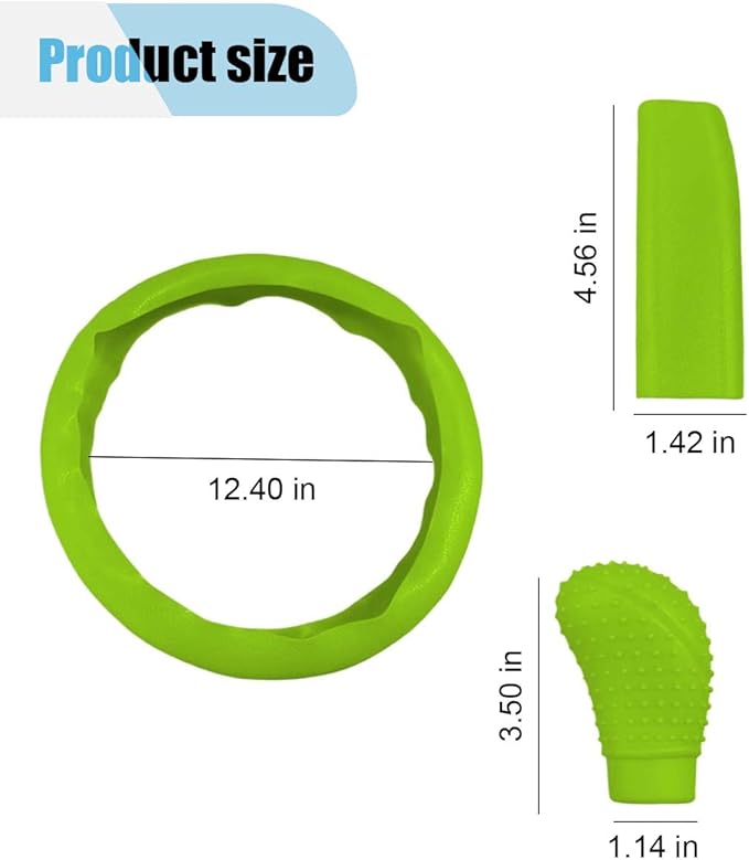 3PCS Silicone Car Steering Wheel Cover Set - Includes Car Handbrake Cover & Gear Shift Cover & Anti-Slip Steering Wheel Protector, Universal Auto Interior Decoration for Most Cars (Green)