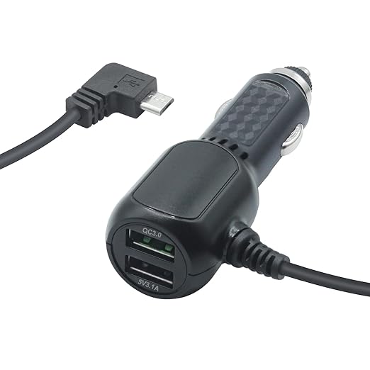 Dash Cam Micro USB Power Cable, Left Angle 90 Degree Micro USB with Dual USB Port Fast Power Supply, for 12V-24V Car and Truck Dash Cam, GPS Navigator, MP3 Player and Other USB Devices