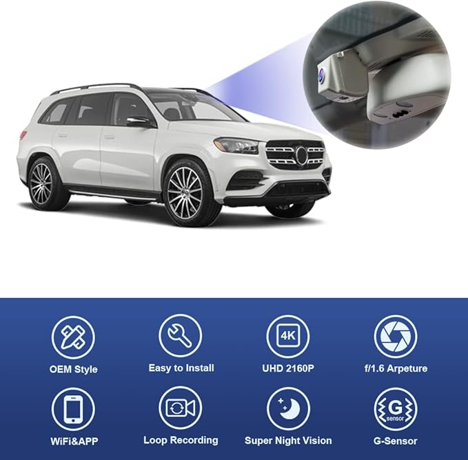 Fitcamx 4K Dash Cam for 2020-2026 Mercedes-Benz GLE GLS (Model C) V167 X167, OEM Factory Look, UHD 2160P Video, Built-in WiFi & APP, Gravity Sensor, Loop Recording, Easy to Use, 64GB Card